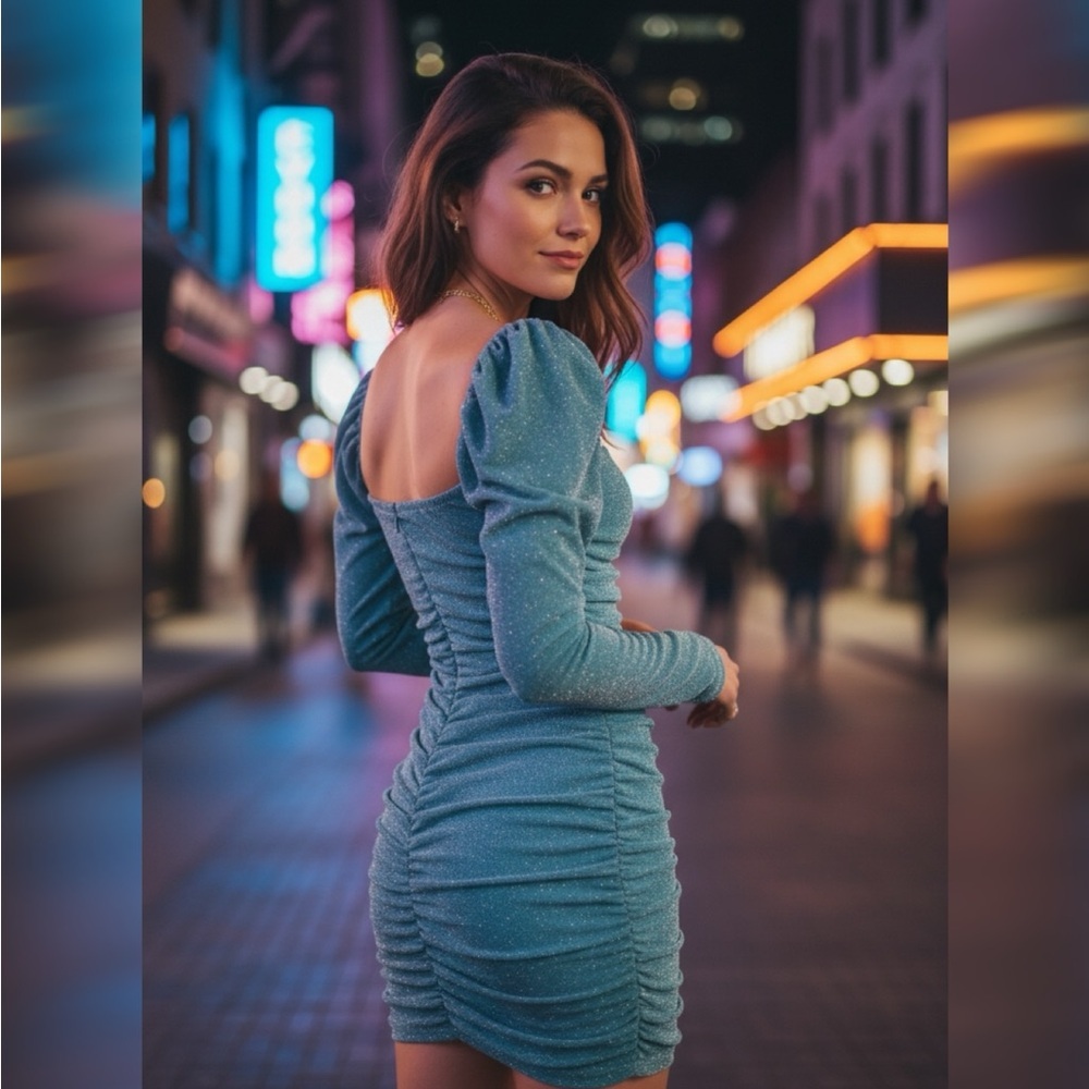 Teal Glitter Ruched Bodycon Mini Dress XS